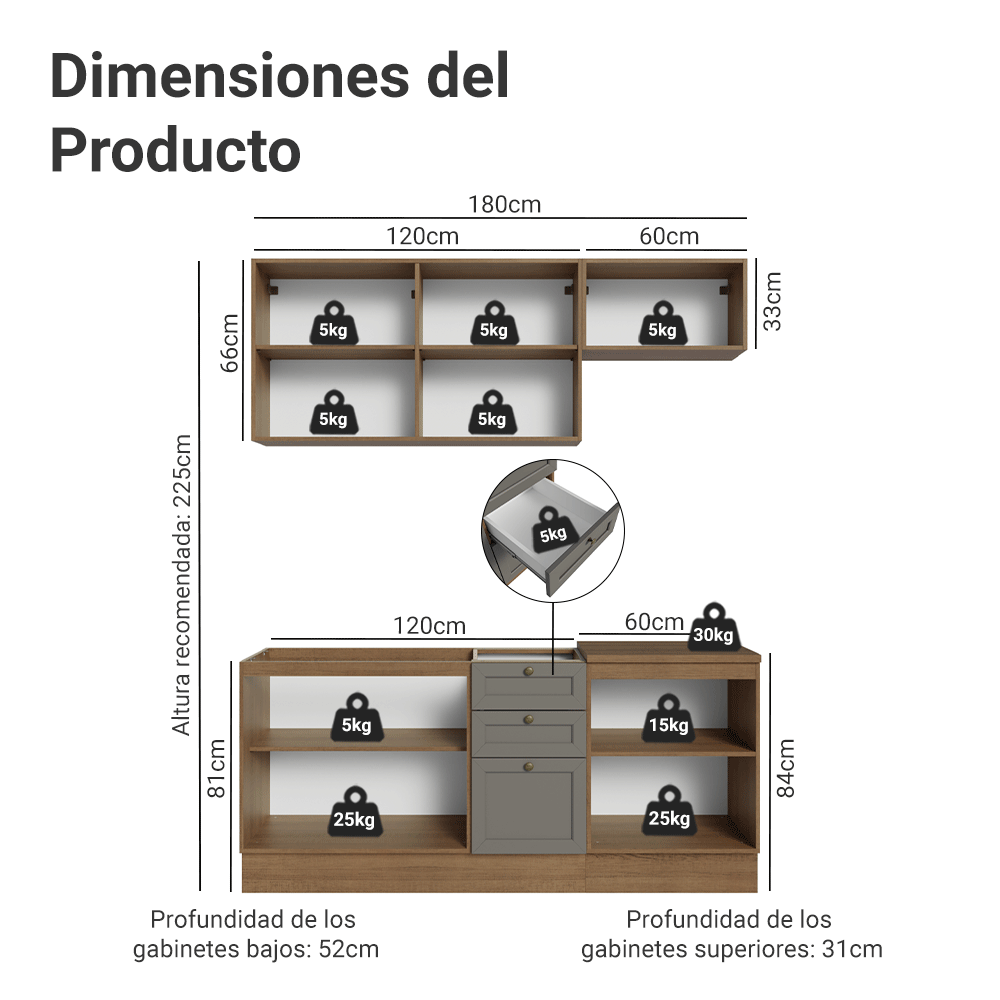 Cocina Compacta 180 x 52 cm Marrón/Gris Vik Madesa