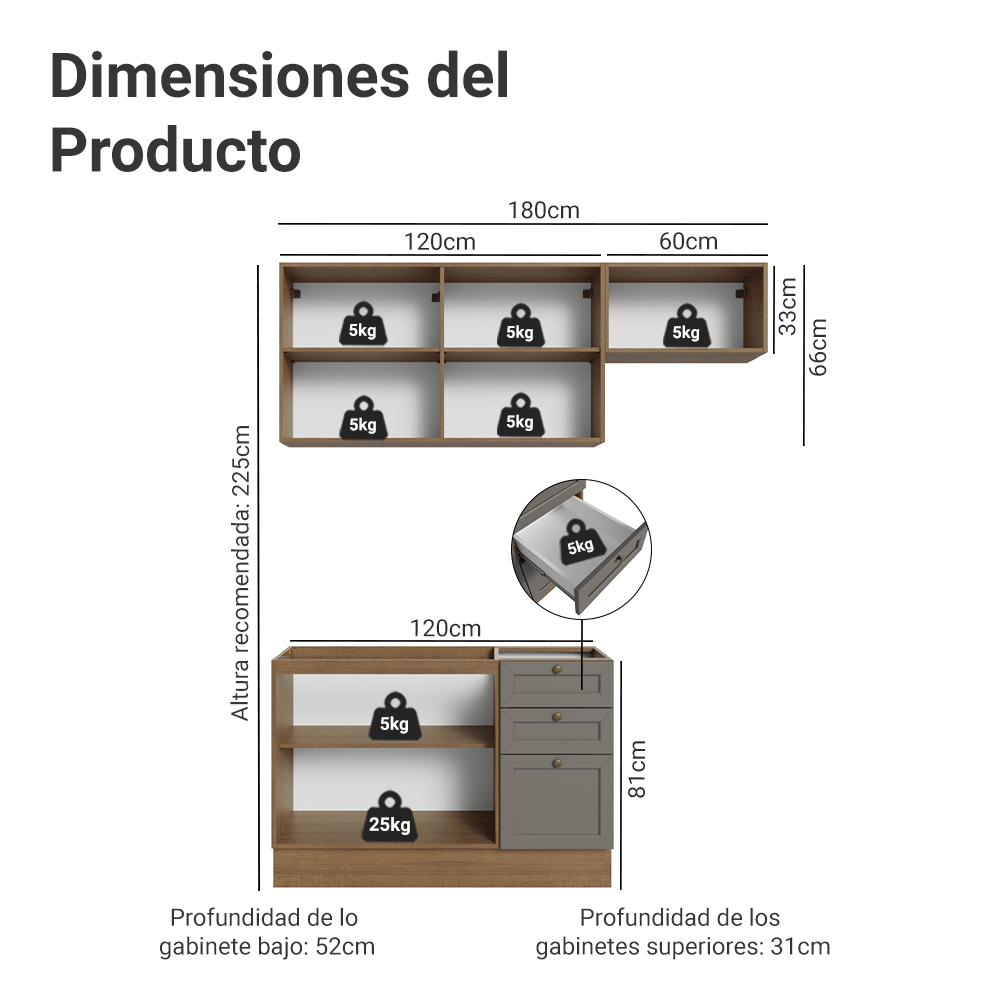 Cocina Integral 180 cm Marrón/Gris Vik Madesa 02