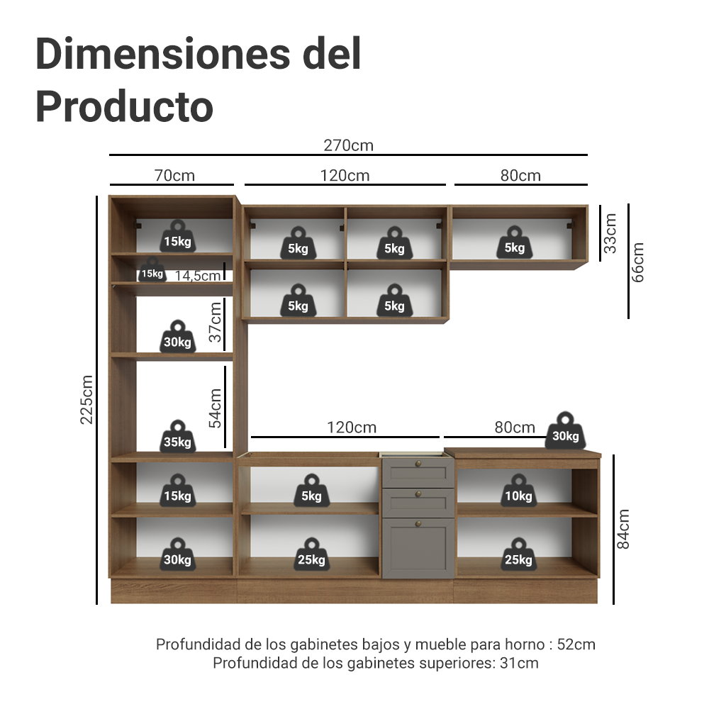 Cocina Integral 270 cm Con Mueble para Horno Marrón/Gris Vik Madesa