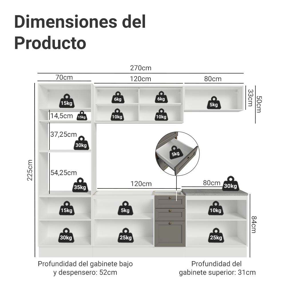 Cocina Integral 270 cm Blanco/Gris Vik Madesa 02