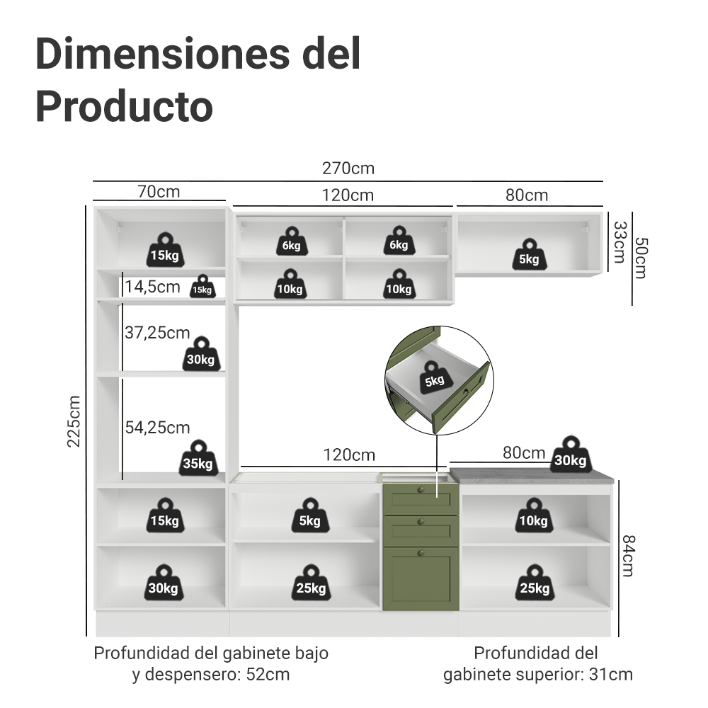Cocina Integral 270 cm Blanco/Verde Vik Madesa 02