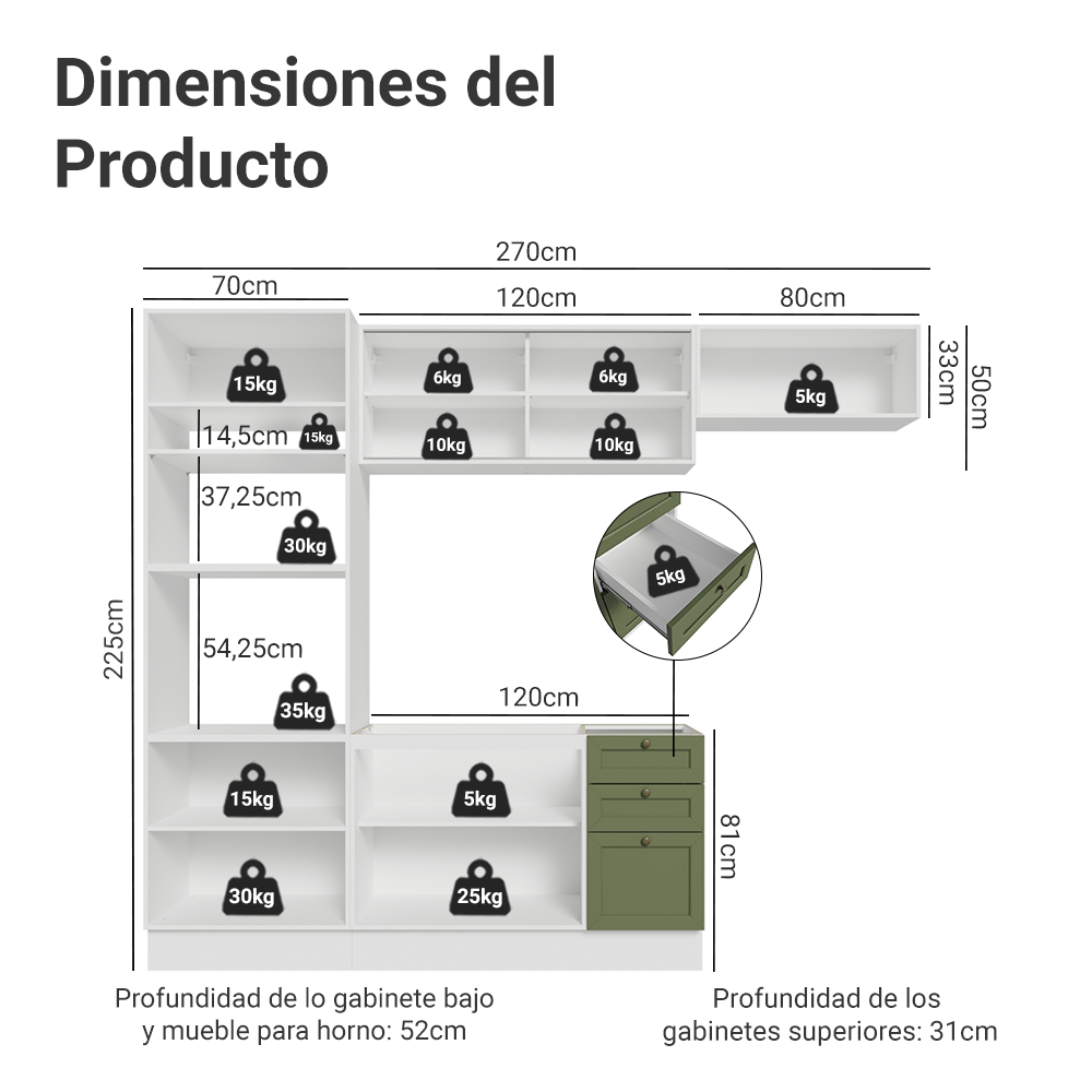 Cocina Integral 270 cm Blanco/Verde Vik Madesa 04