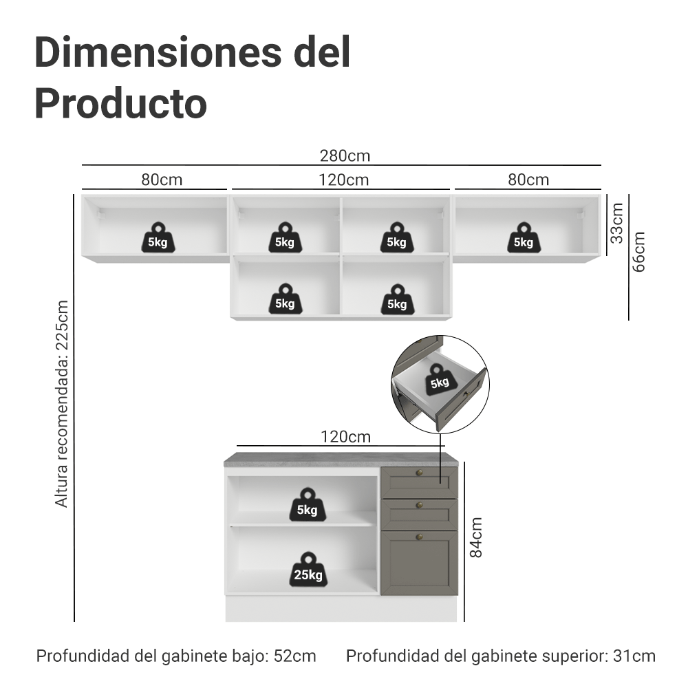 Cocina Compacta 280 cm Blanco/Gris Vik Madesa