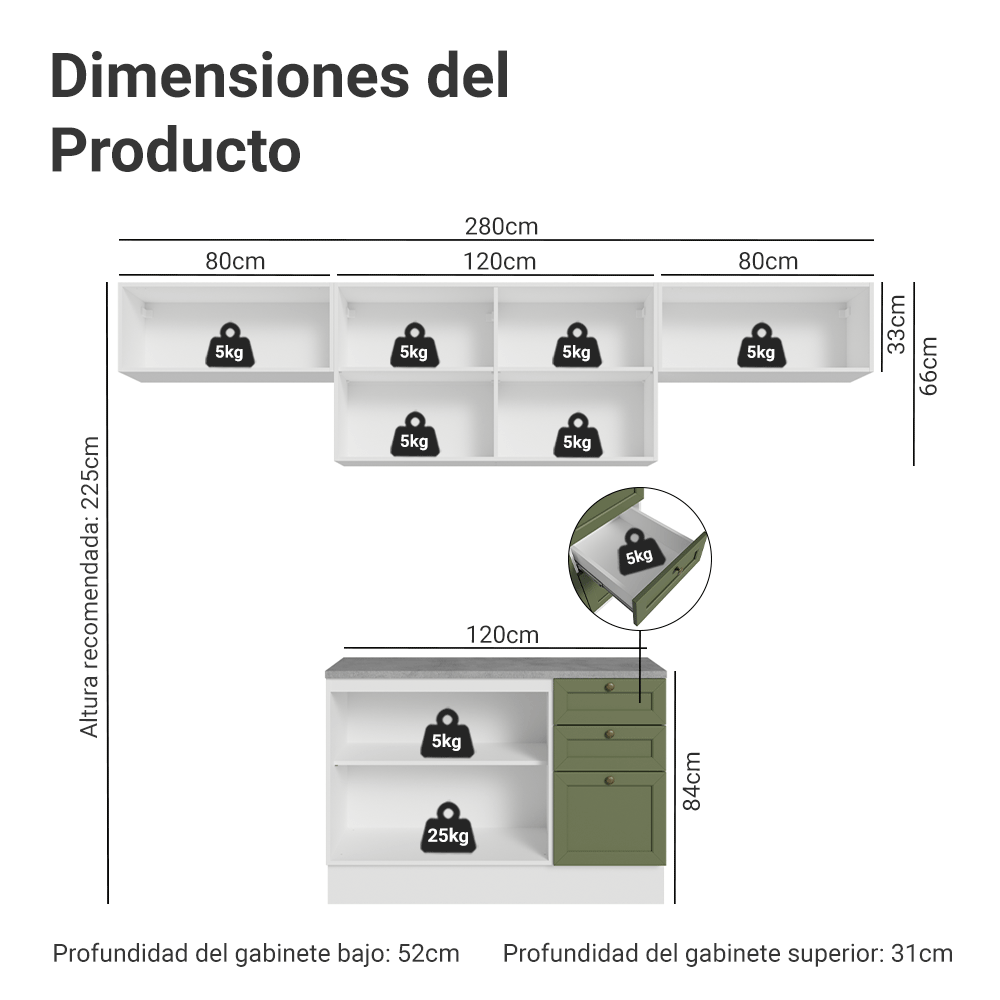 Cocina Integral 280 cm Blanco/Verde Vik Madesa 01