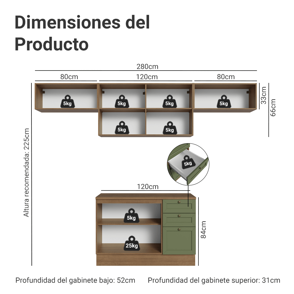 Cocina Integral 280 cm Marrón/Verde Vik Madesa 01