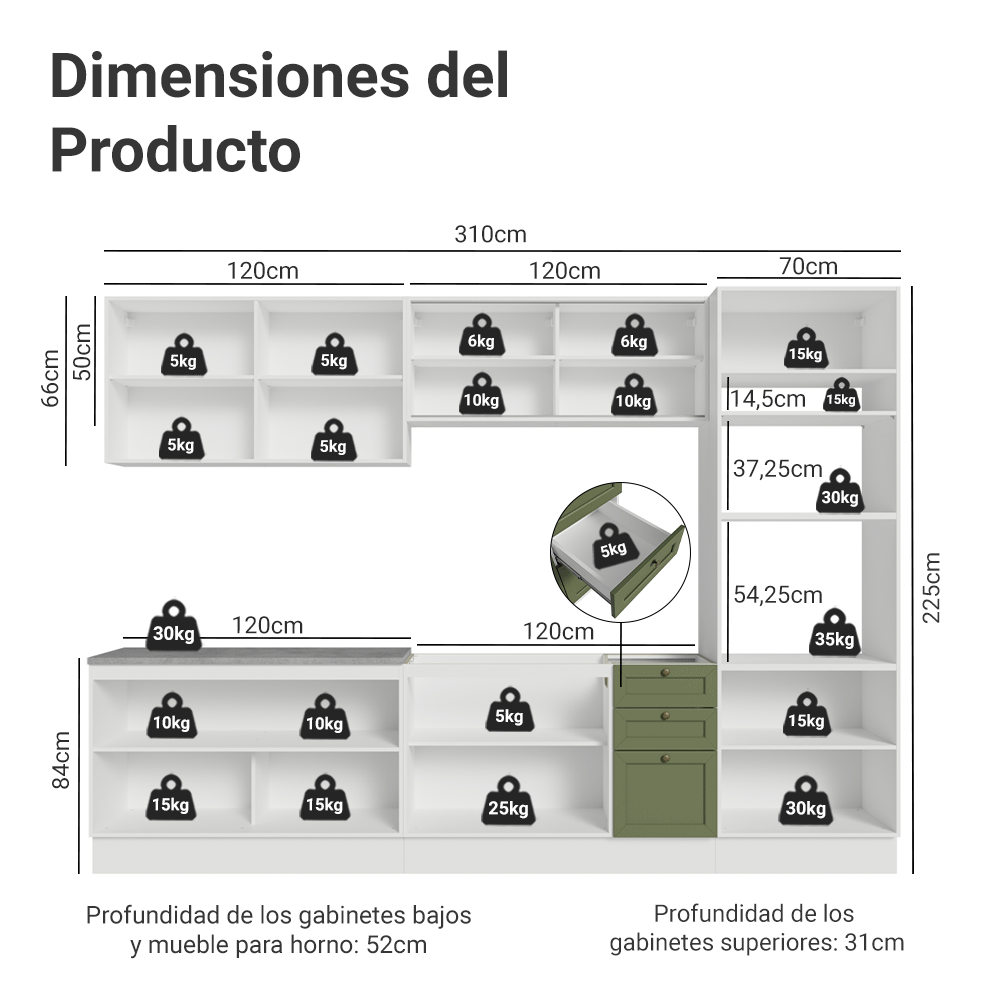 Cocina Integral 310 cm Blanco/Verde Vik Madesa 01