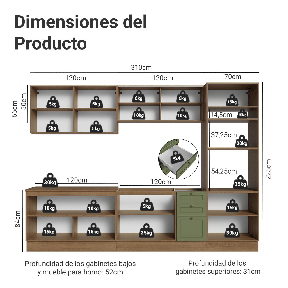 Cocina Integral 310 cm Con Mueble para Horno Marrón/Verde Vik Madesa