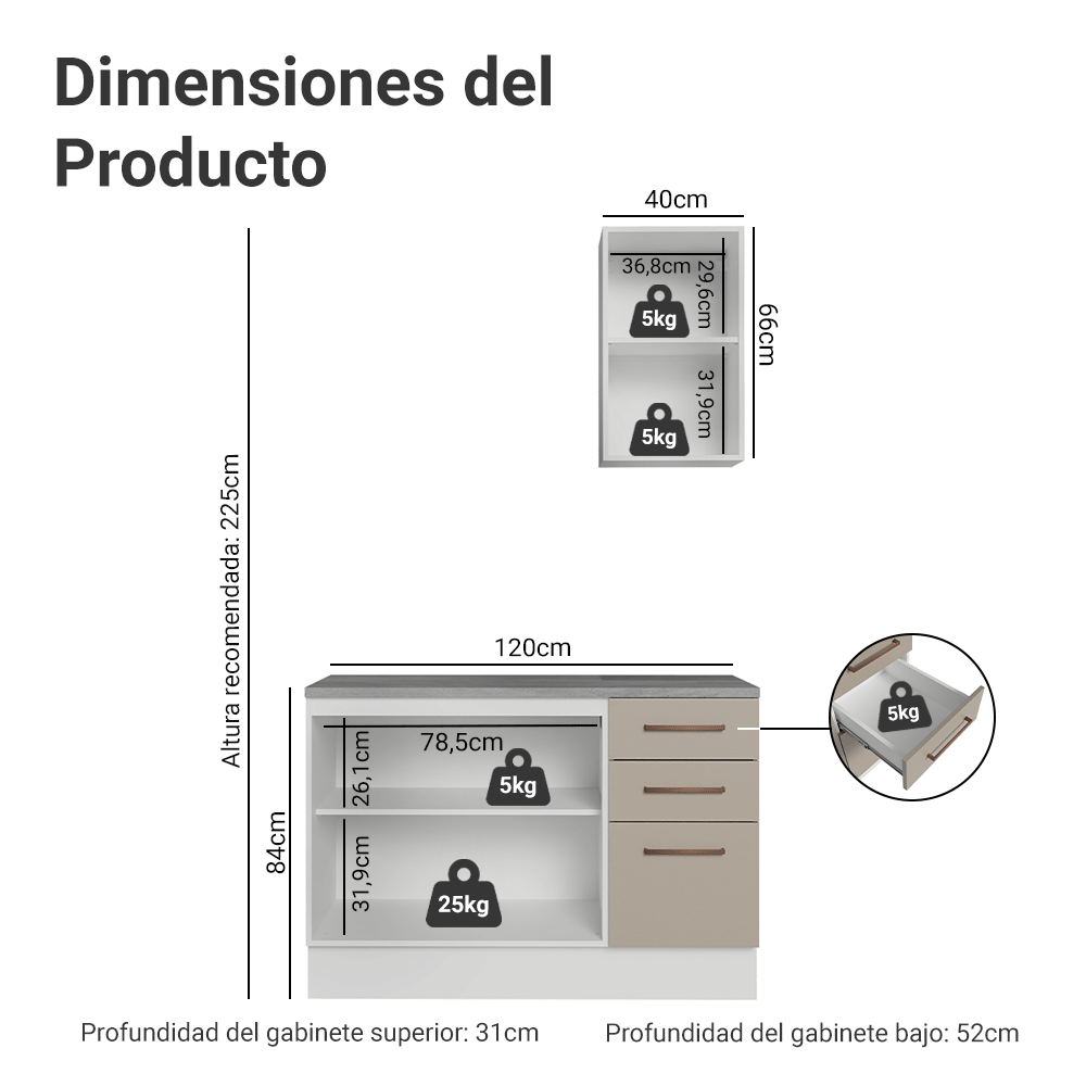 Kit Gabinete Bajo y Gabinete Superior para Baño 120 cm 3 Puertas 3 Cajones Blanco/Crema Agata Madesa