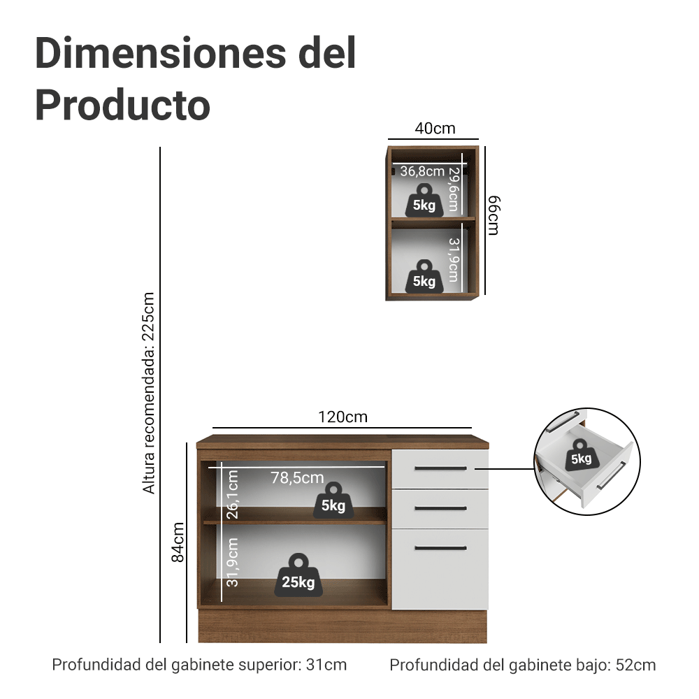 Kit Gabinete Bajo y Gabinete Superior para Baño 120 cm 3 Puertas 3 Cajones Marrón/Blanco Agata Madesa
