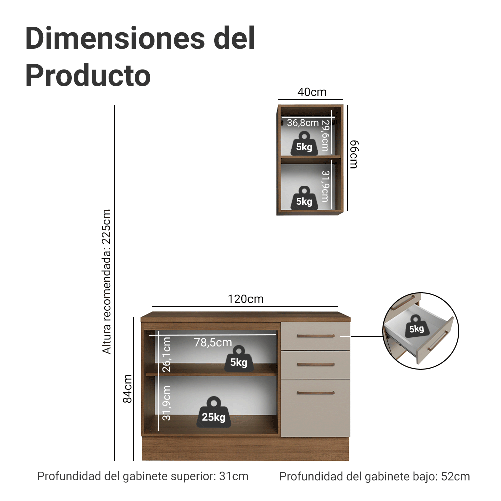Gabinete para Baño 120 cm 3 Puertas 3 Cajones Agata Marrón/Crema 01