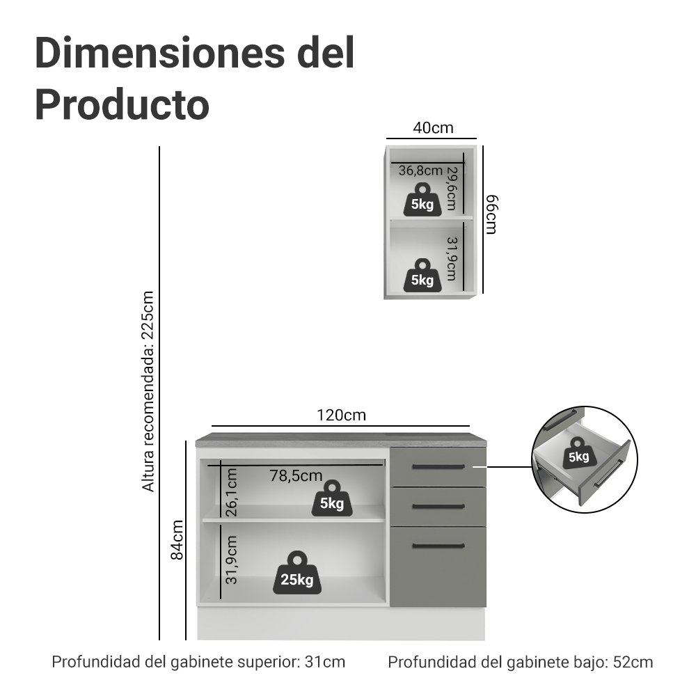 Kit Gabinete Bajo y Gabinete Superior para Baño 120 cm 3 Puertas 3 Cajones Blanco/Gris Agata Madesa