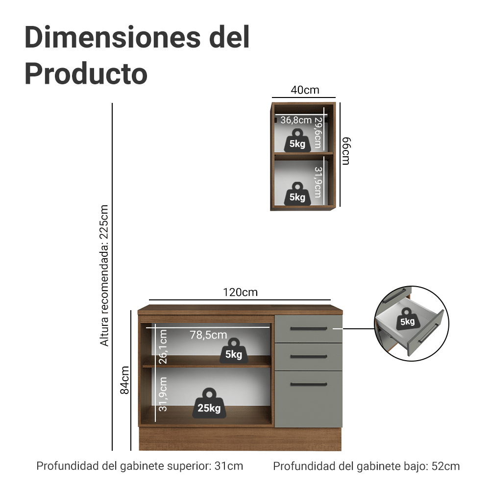 Gabinete para Baño 120 cm 3 Puertas 3 Cajones Agata Marrón/Gris 01