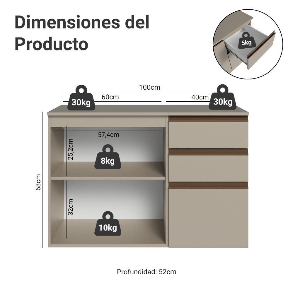 Gabinete Bajo para Baño de 100cm Sin Patas 1 Puerta 3 cajones Crema Nice 03