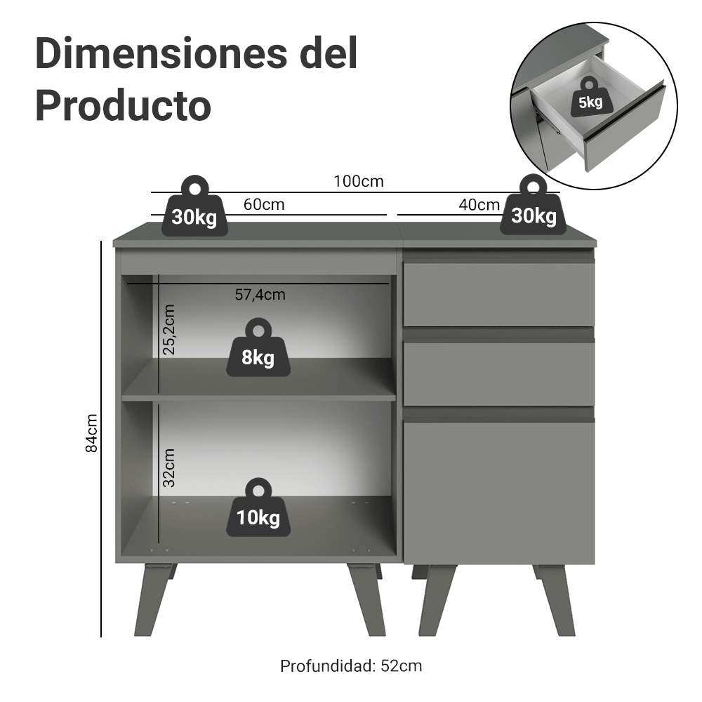 Gabinete Bajo para Baño 100cm 1 Puerta 3 Gavetas Gris Nice Madesa 04