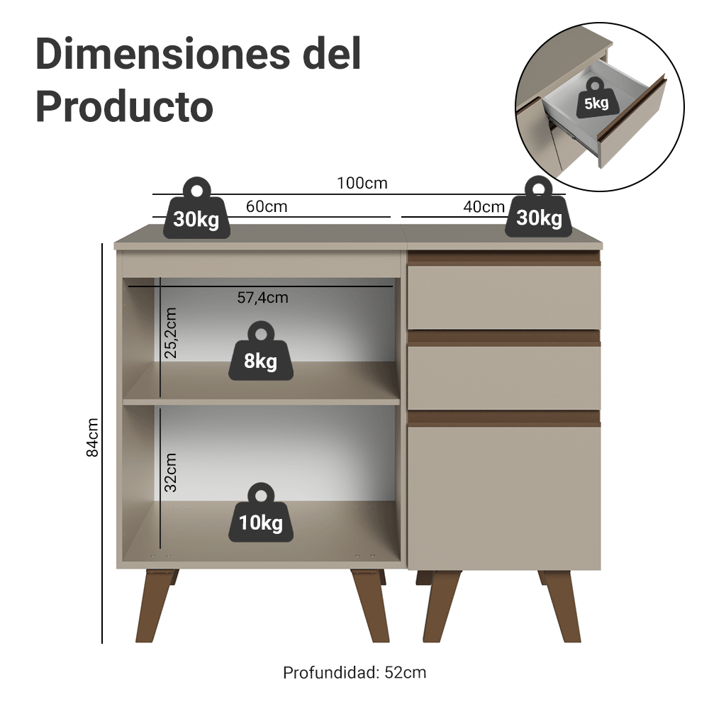 Gabinete Bajo para Baño de 100cm Con Patas 1 Puerta 3 Gavetas Crema Nice 04