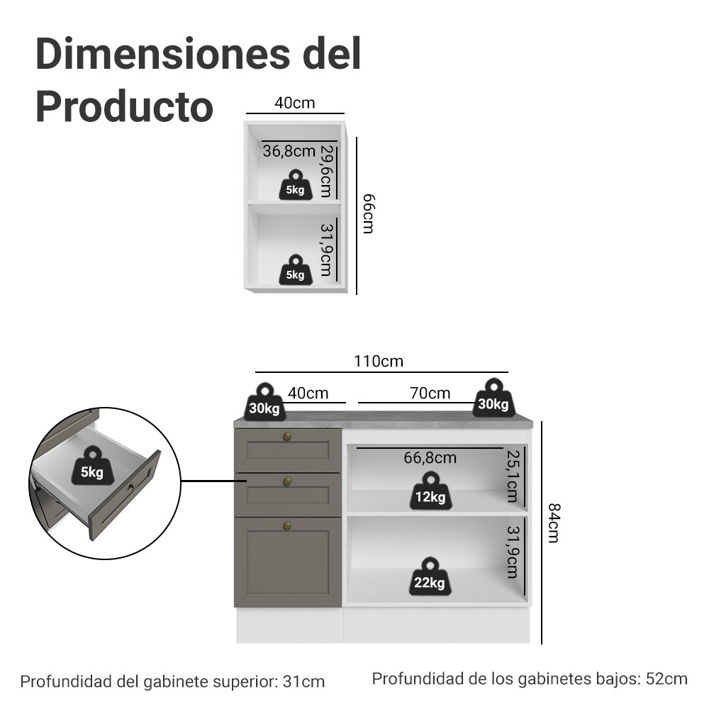 Combo Gabinete Bajo para Baño 110cm 3 Gavetas 3 Puertas Blanco/Gris Vik Madesa 01