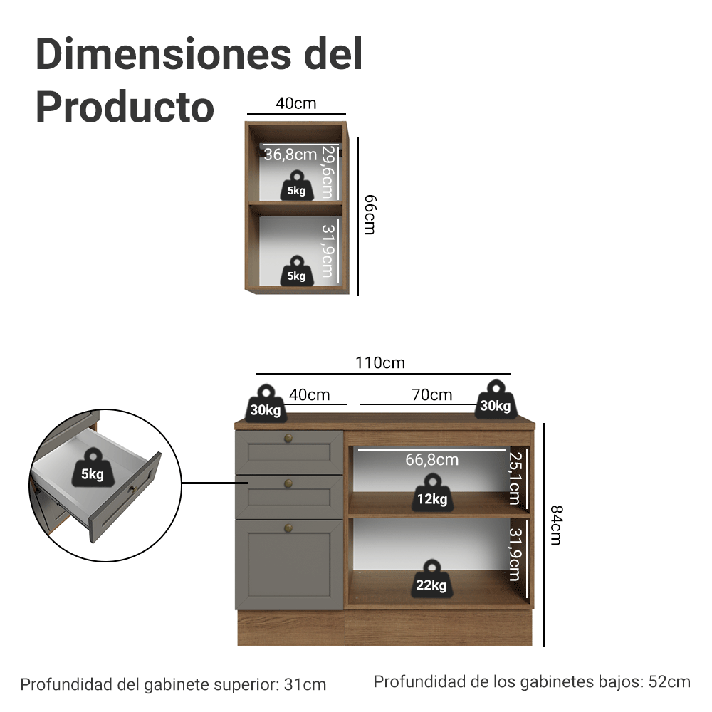 Combo Gabinete Bajo para Baño 110cm 3 Gavetas 3 Puertas Marrón/Gris Vik Madesa 01