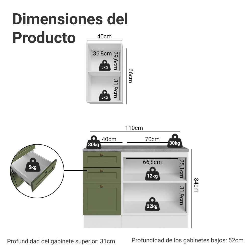 Combo Gabinete Bajo para Baño 110cm 3 Gavetas 3 Puertas Blanco/Verde Vik Madesa 01