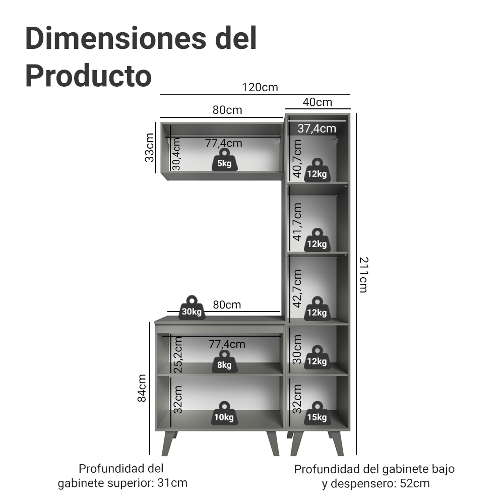 Combo Gabinete Bajo para Baño 120cm 5 Puertas Gris Nice Madesa 03