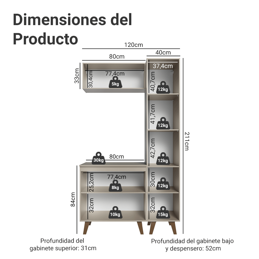 Gabinetes para Baño 120 cm, Con Patas 5 puertas, Crema Nice 02