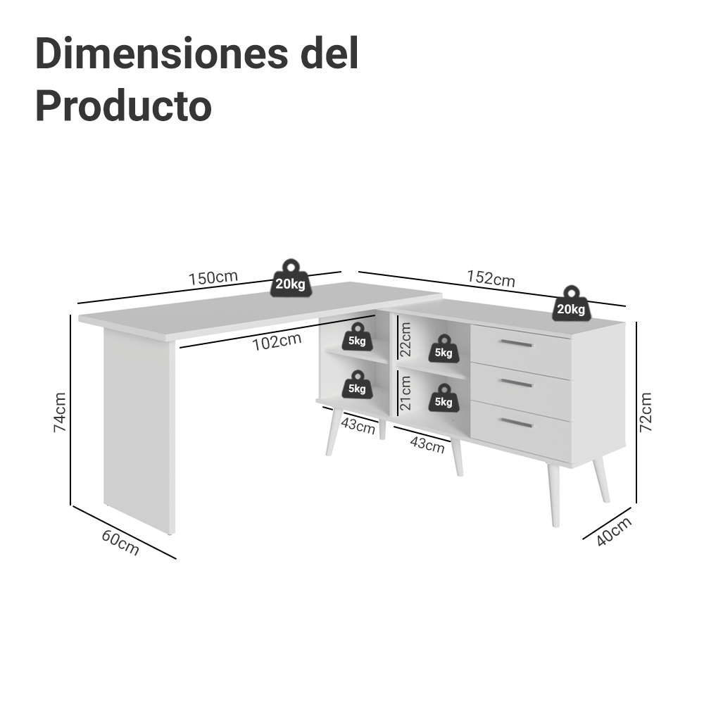 Tocador Esquinero 302 x 60 cm 3 Cajones Blanco Madesa