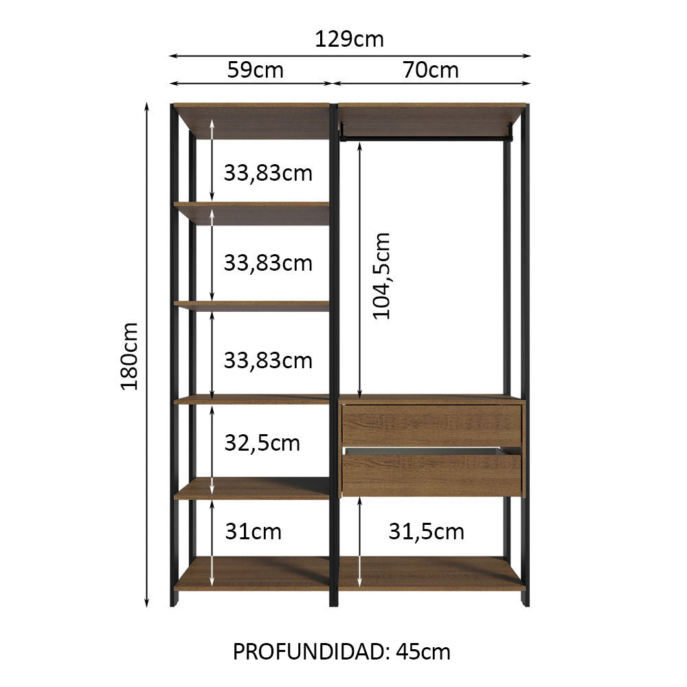 Clóset Modular Valencia 2 Cajones 129cm Marrón/Negro