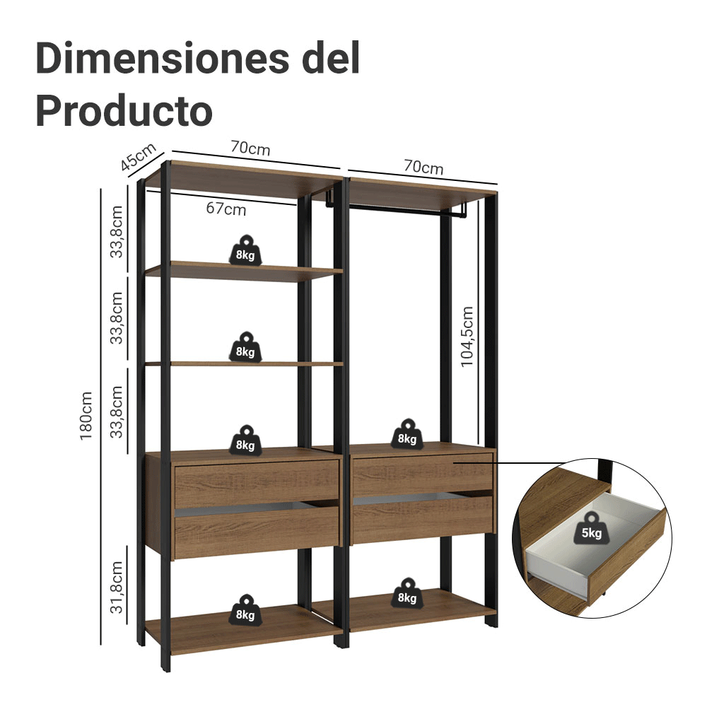 Clóset Abierto 140 cm 4 Cajones Marrón/Negro Valencia Madesa