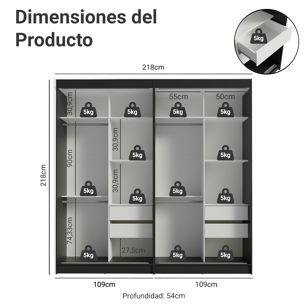 Conjunto de 2 Clósets 4 Puertas Corredizas Negro/Marrón Tokio Madesa