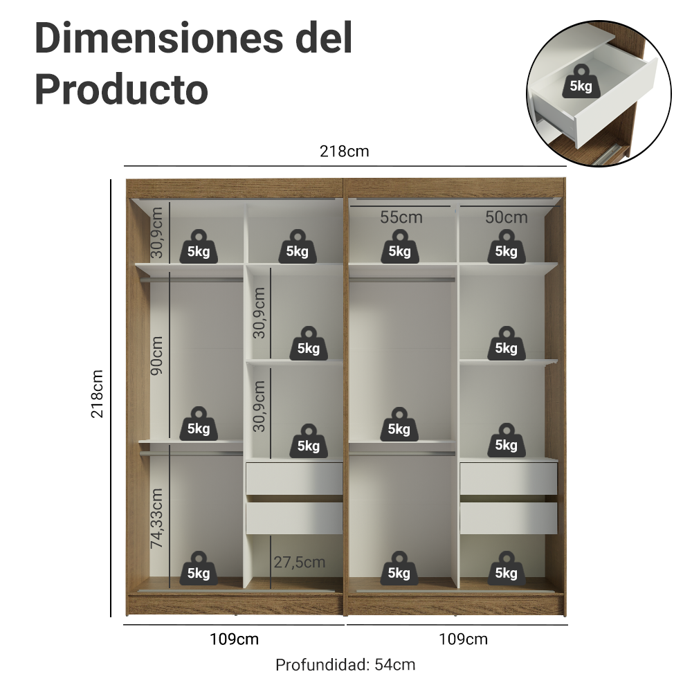 Conjunto de 2 Clósets 4 Puertas Corredizas con 4 Espejos Marrón/Blanco Tokio Madesa