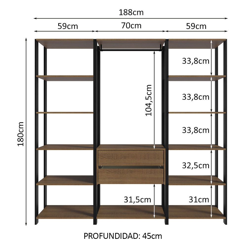 Clóset Abierto 188 cm 2 Cajones Marrón/Negro Valencia Madesa
