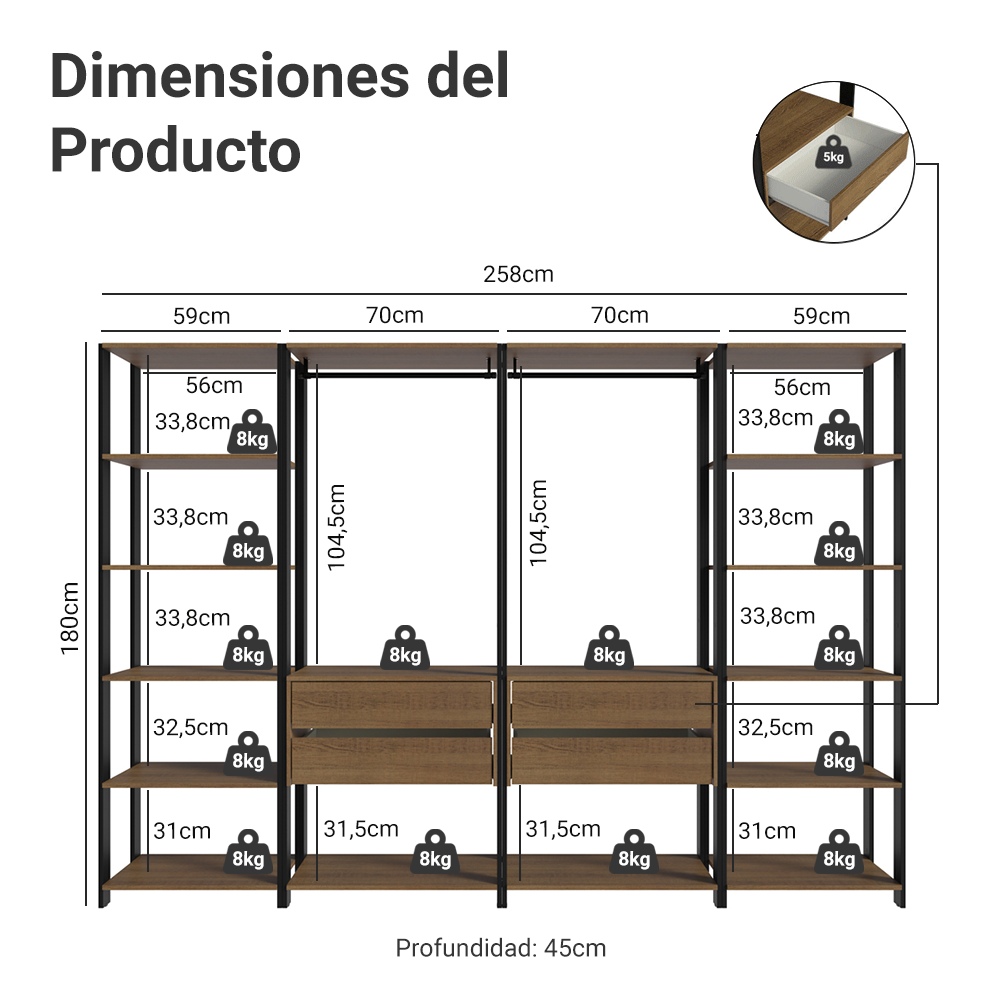 Clóset Modulado 4 Cajones 258cm Marrón/Negro 01 Valencia
