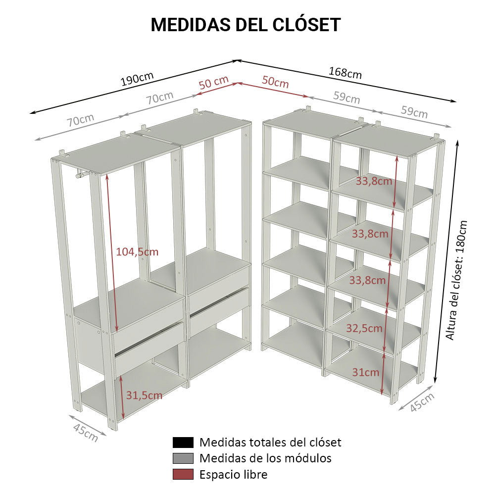 Clóset Abierto Esquinero 358 cm 4 Cajones Marrón/Negro Valencia Madesa