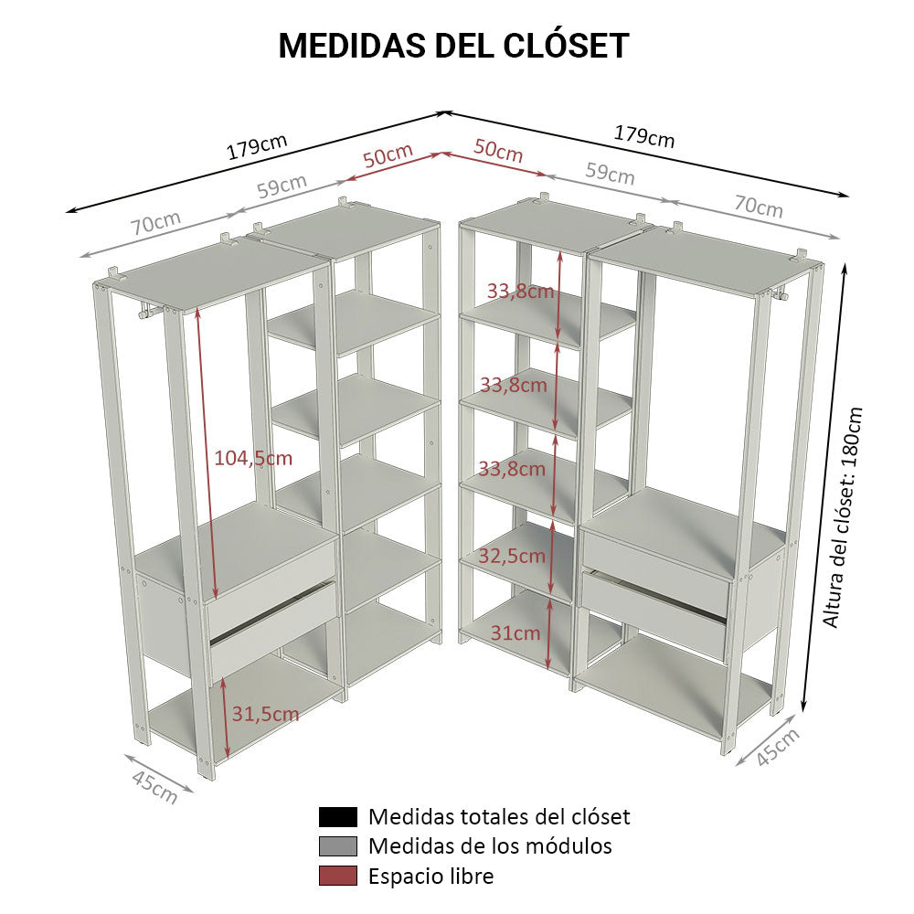 Clóset Abierto Esquinero 358 cm 4 Cajones Marrón/Negro Valencia Madesa
