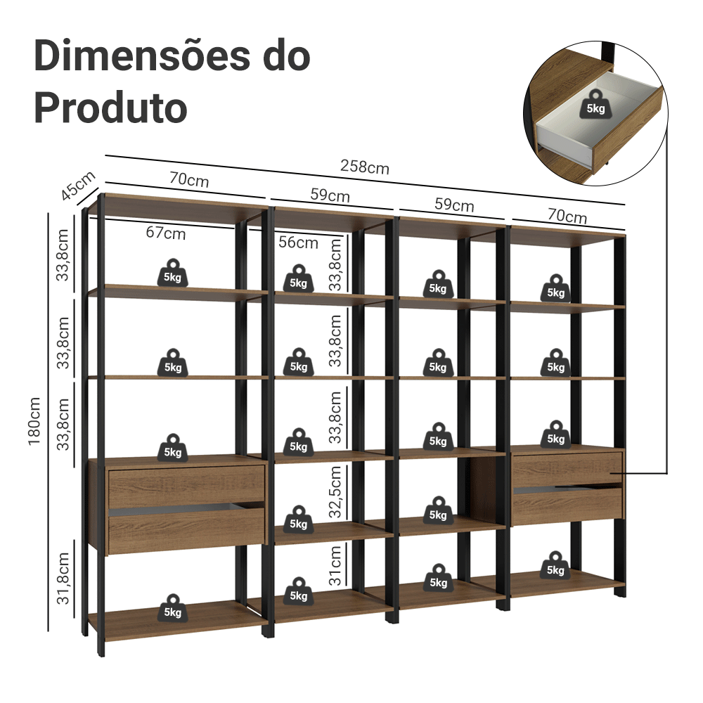 Clóset Modulado 4 Cajones 18 Niveles 258cm Marrón/Negro Valencia