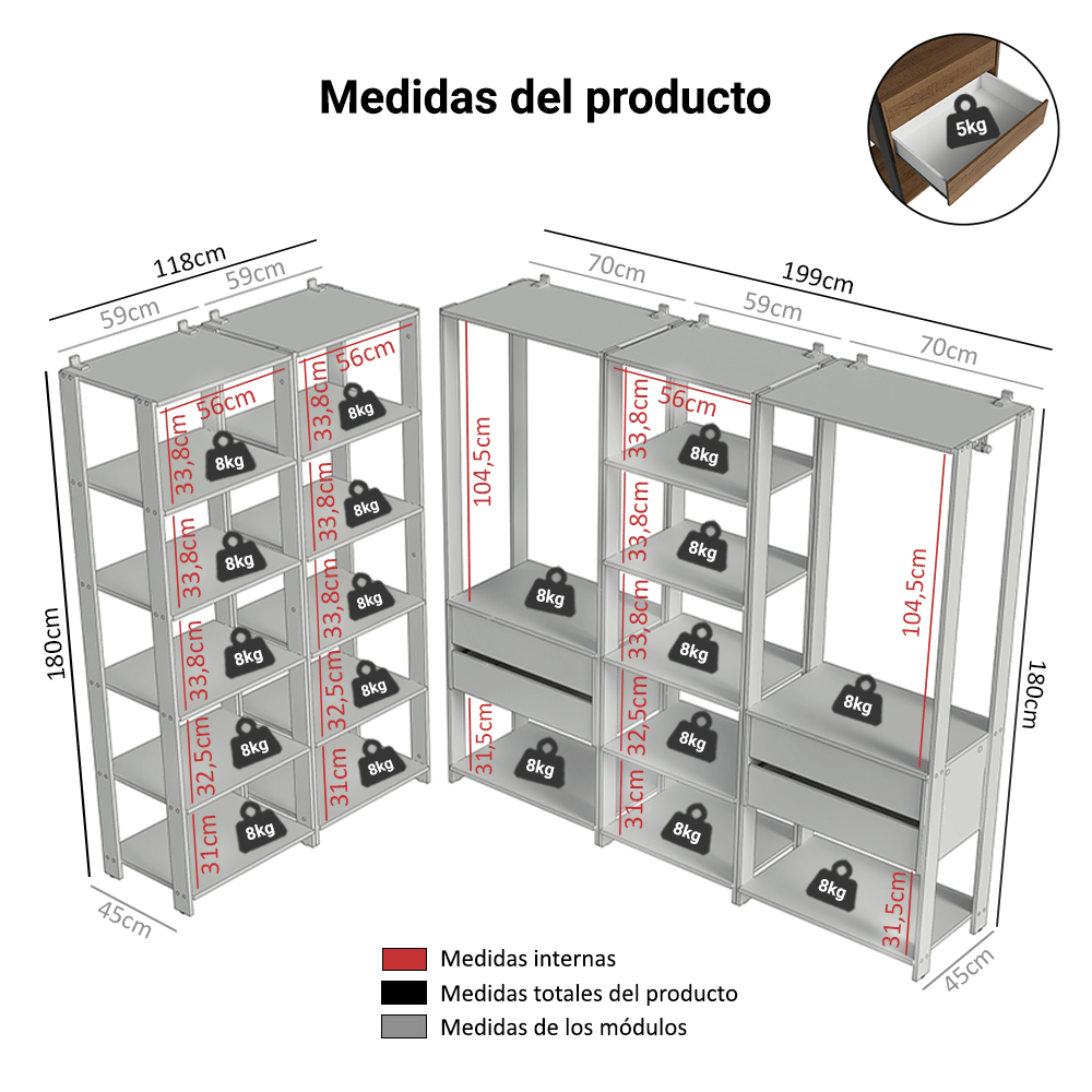 Clóset Modular 4 Cajones 417cm Marrón/Negro Valencia 01