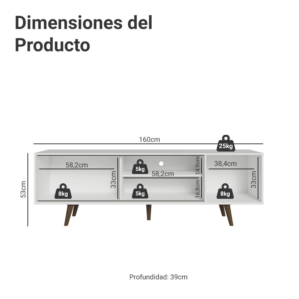 Mueble para TV hasta 80 Pulgadas 160 cm Con Patas Torino Blanco/Marrón