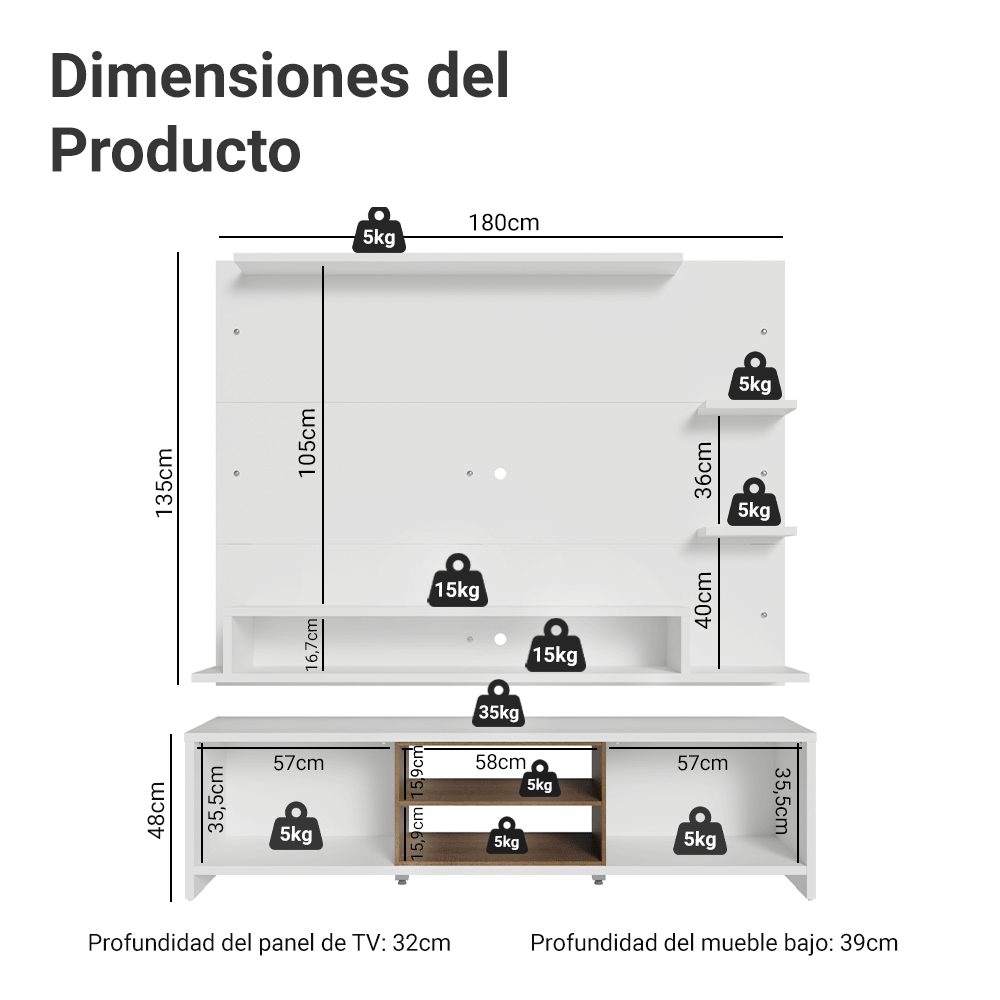 Mueble con Panel para TV hasta 60 Pulgadas 180 cm Blanco/Marrón Metz Madesa