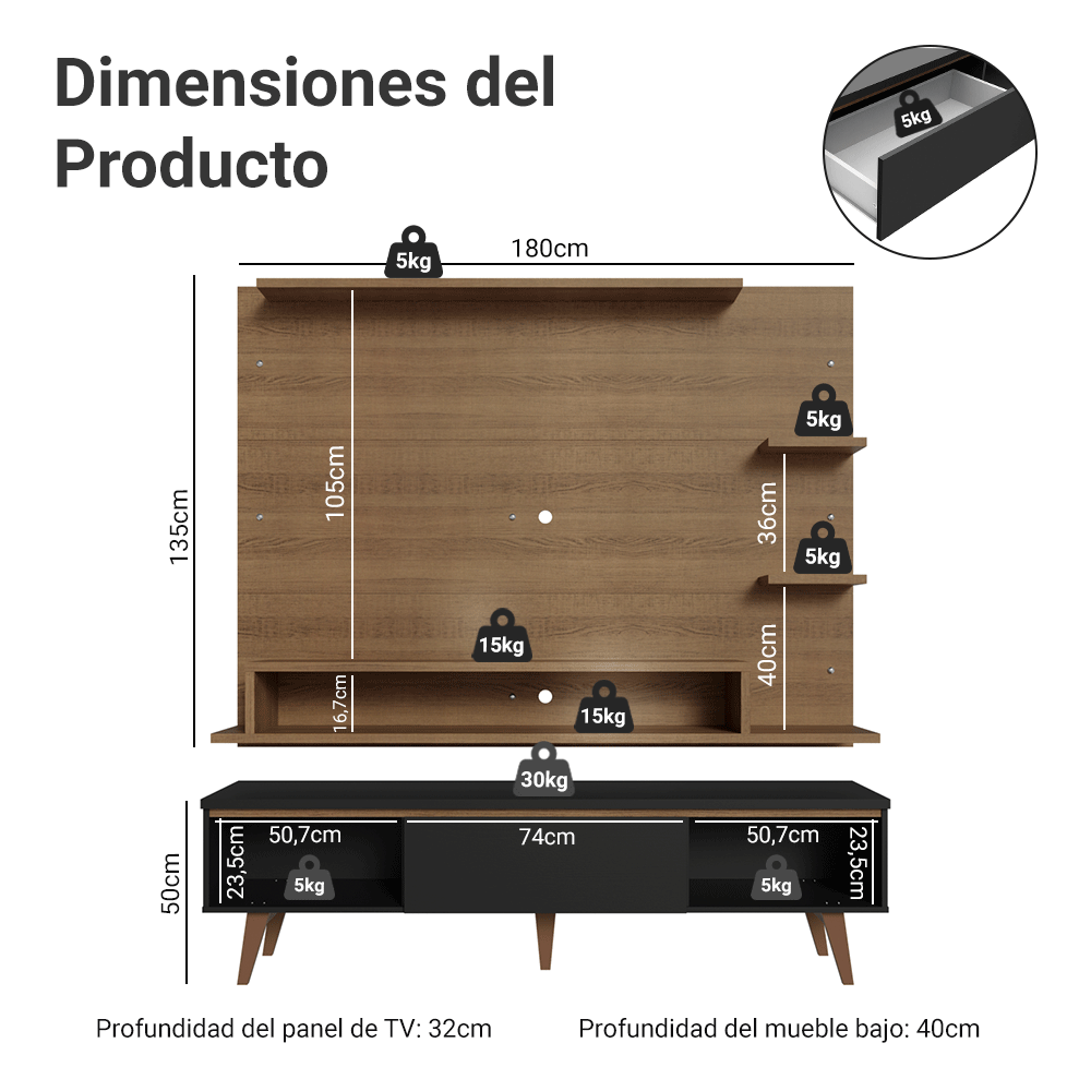 Mueble con Panel para TV hasta 60 Pulgadas 180 cm con patas Marrón/Negro/Marrón Reims Madesa