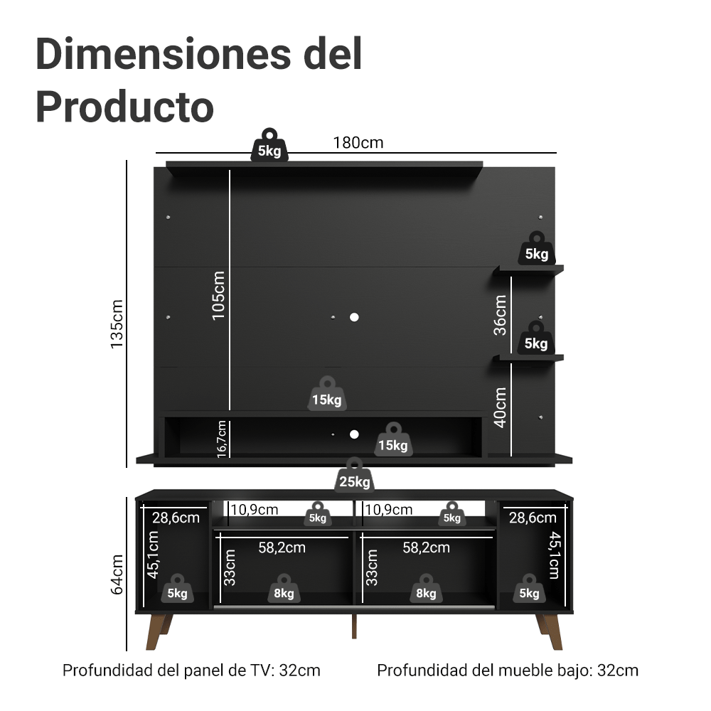 Mueble con Panel para TV hasta 60 Pulgadas 180 cm con patas Negro/Marrón Cancun Madesa