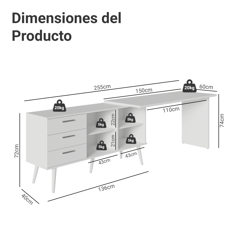 Escritorio Esquinero Gamer 302 cm 3 Cajones Blanco Madesa