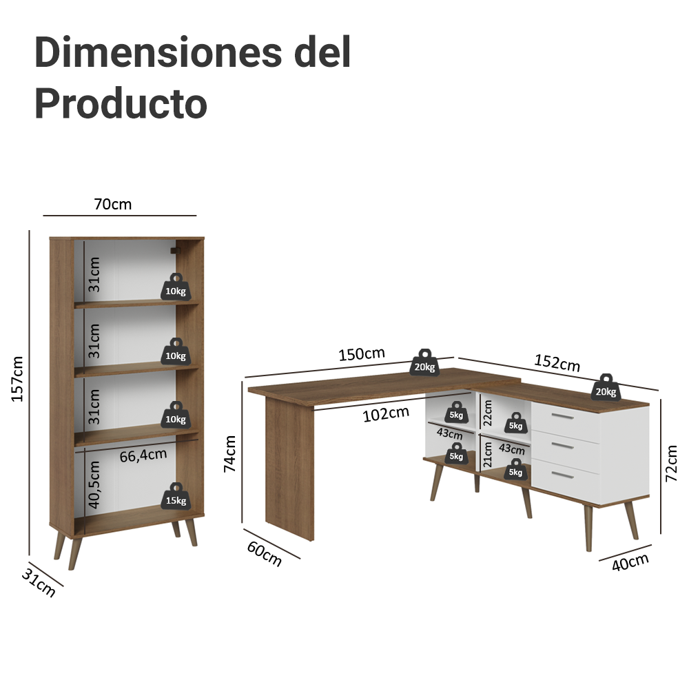 Kit 2 Piezas con Escritorio Esquinero 3 Cajones y Vitrina Multiuso Marrón/Blanco