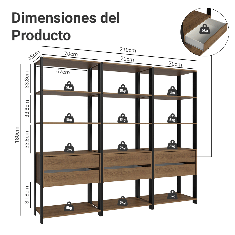 Armario Estante Multiuso 6 Cajones 12 Niveles 210cm Marrón/Negro