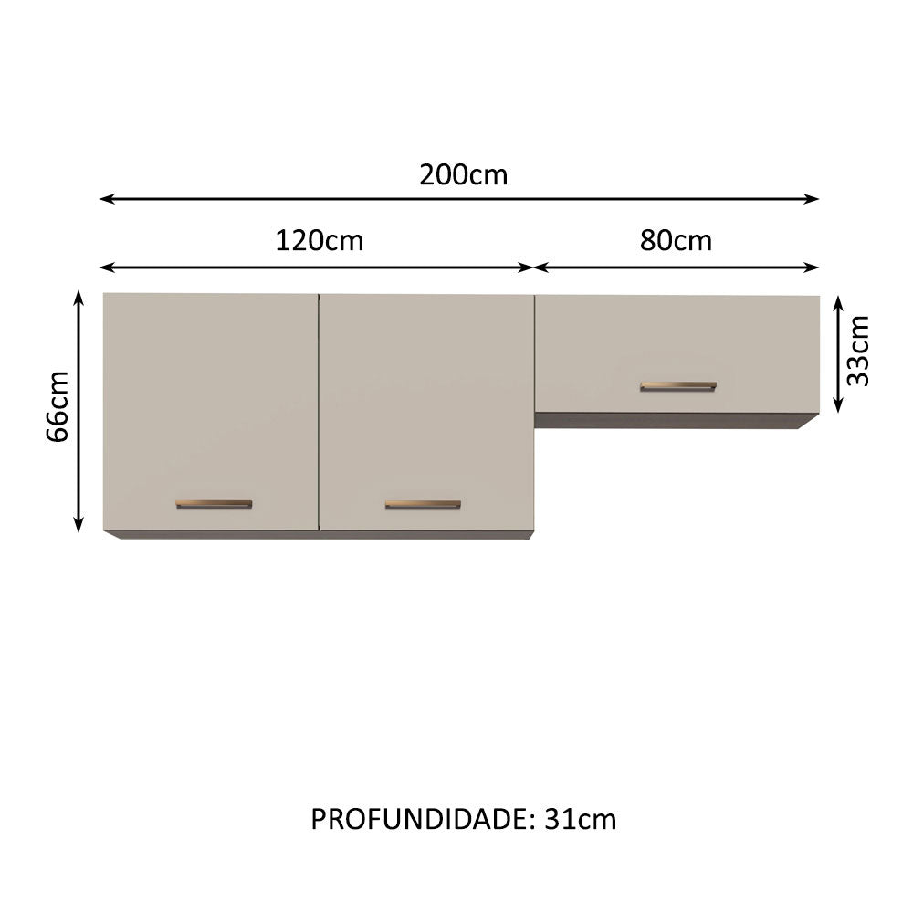 Kit 2 Gabinetes Superiores 200 cm 3 Puertas Marrón/Crema Agata Madesa