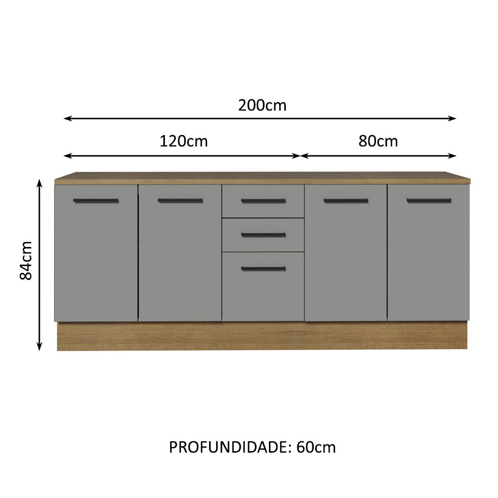 Kit 2 Gabinetes Bajos Multiuso 200 cm 4 Puertas 3 Cajones Marrón/Gris Agata Madesa