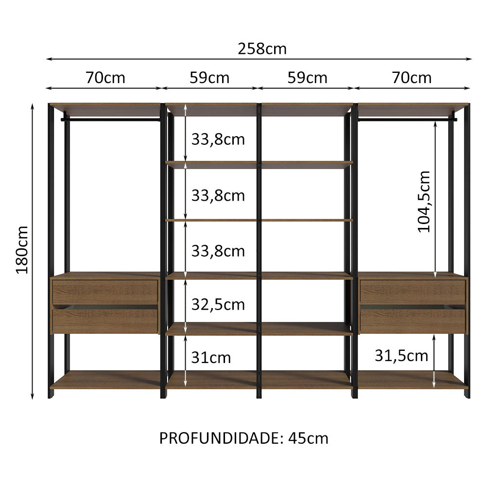 Estante Multiuso Organizador 4 Cajones 258cm Marrón/Negro