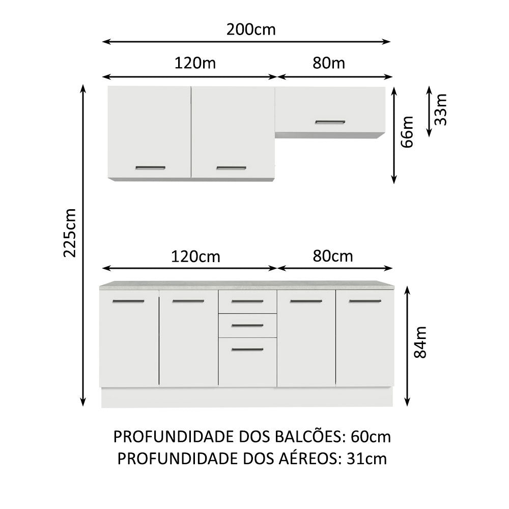 Kit 2 Gabinetes Bajos 2 Gabinetes Superiores 200 cm Blanco Agata Madesa