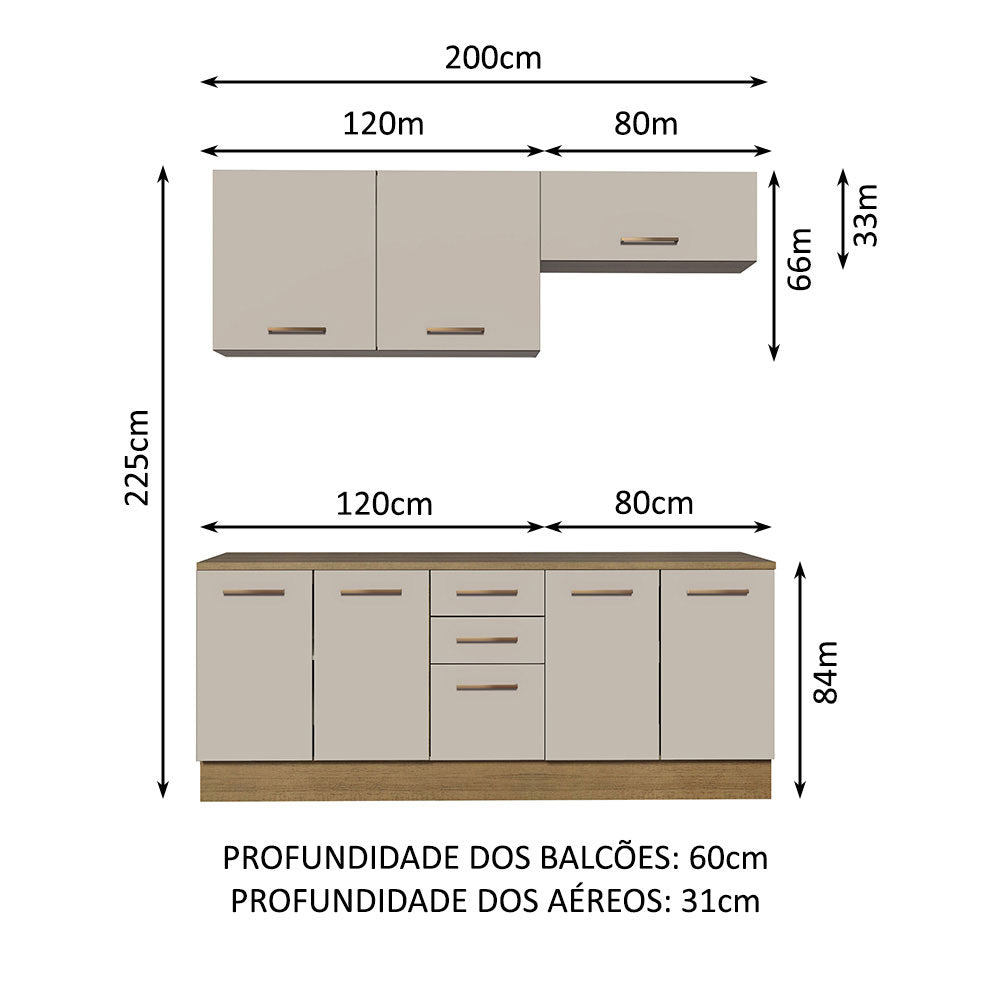 Kit 2 Gabinetes Bajos 2 Gabinetes Superiores 200 cm Marrón/Crema Agata Madesa