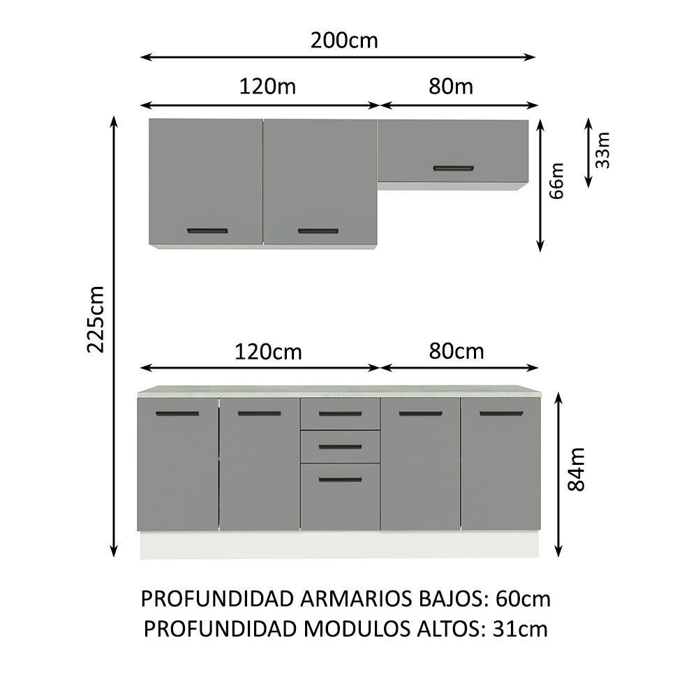 Kit Gabinete Bajo y Gabinete Superior Multiuso 200 cm Blanco/Gris Agata Madesa