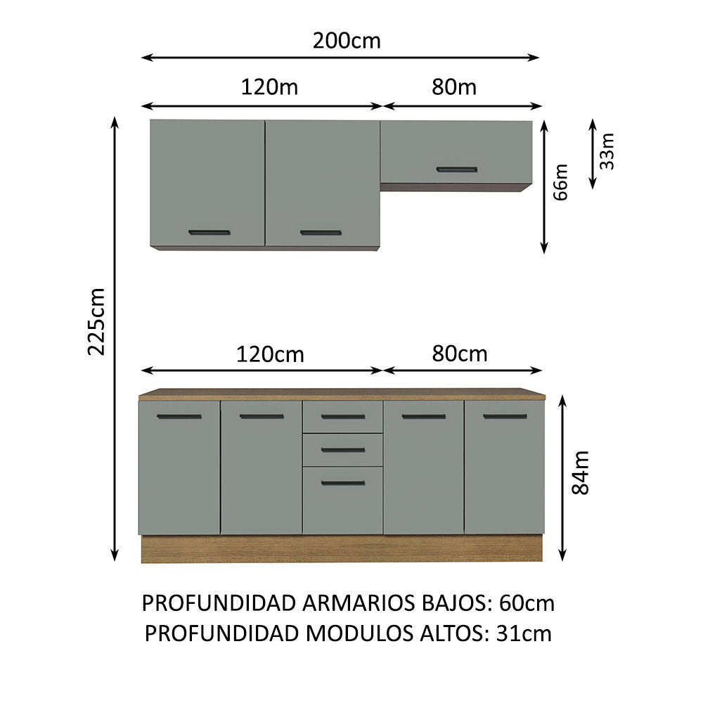 Kit Gabinete Bajo y Gabinete Superior Multiuso 200 cm Marrón/Gris Agata Madesa