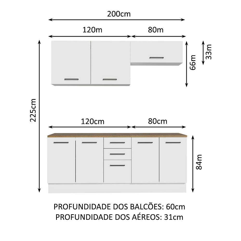 Kit 2 Gabinetes Bajos 2 Gabinetes Superiores 200 cm Blanco/Marrón Agata Madesa